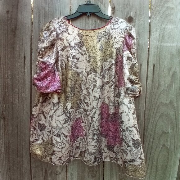 Anthropologie Tops - Anthropologie Top Womens Sz 18W Pink Marie Sequin Puff Sleeve Blouse New Floral